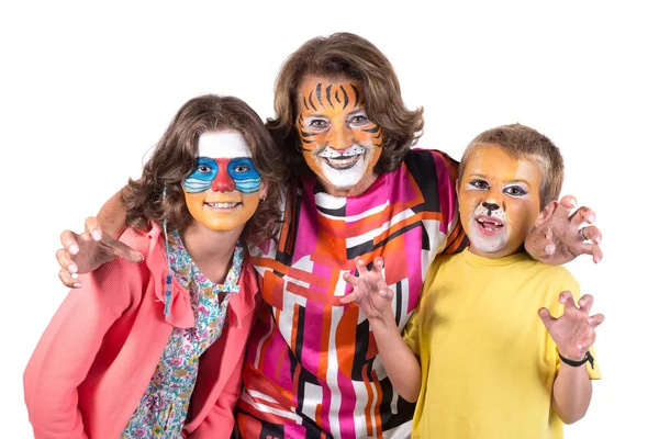 Children Group Grandmother All Animal Face Paint Isolated White — Stock Photo, Image