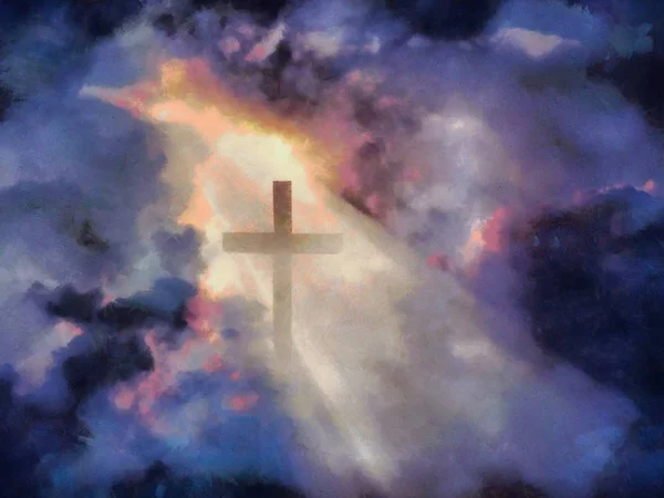 シュールレアリズム 劇的な雲の中でキリスト教の十字架 — ストック写真