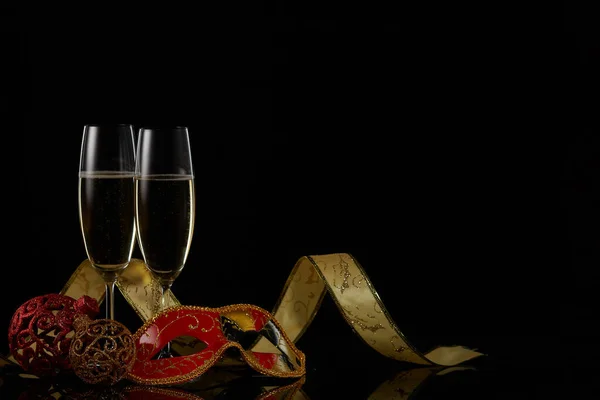 Two Wineglasses Champagne Christmas Decorations Black Background Copy Space New — Stock Photo, Image