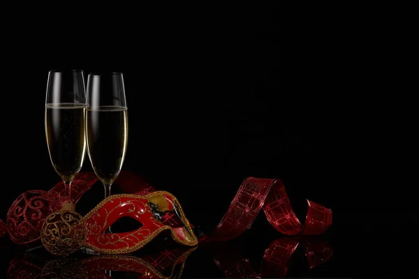 Two Wineglasses Champagne Christmas Decorations Black Background Copy Space New — Stock Photo, Image