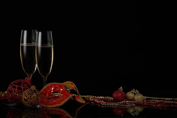 Two Wineglasses Champagne Christmas Decorations Black Background Copy Space New — Stock Photo, Image