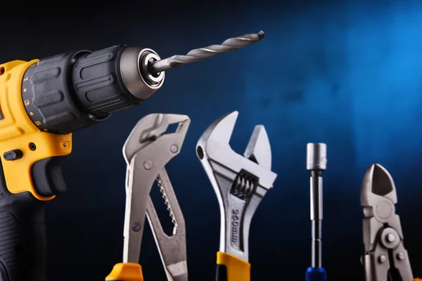 Composition Hardware Tools Including Cordless Drill Monkey Spanner — Stock Photo, Image