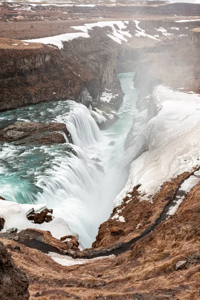 Vista Panorâmica Poderosa Cachoeira Gullfoss Seu Desfiladeiro Islândia — Fotografia de Stock