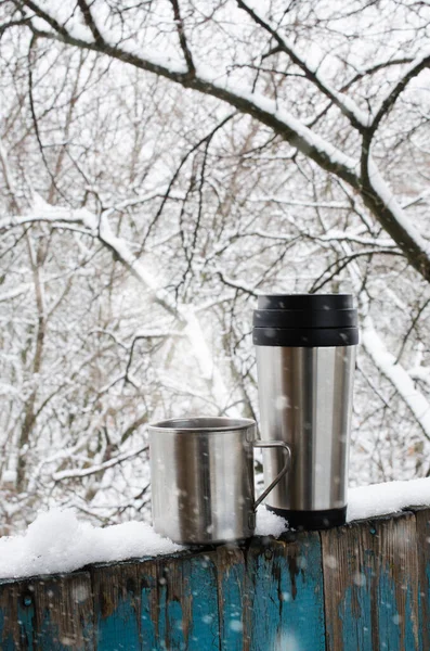 Cozy Winter Still Life Iron Mug Thermo Mug Hot Coffee — Stock Photo, Image