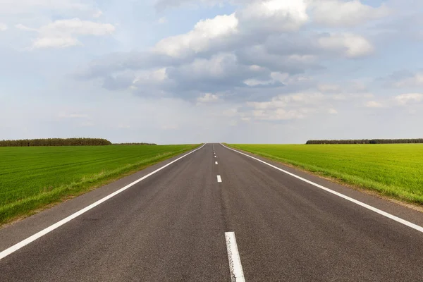 Een Asfaltweg Aan Zijkanten Waarvan Een Akker Met Landbouwgewassen Aan — Stockfoto