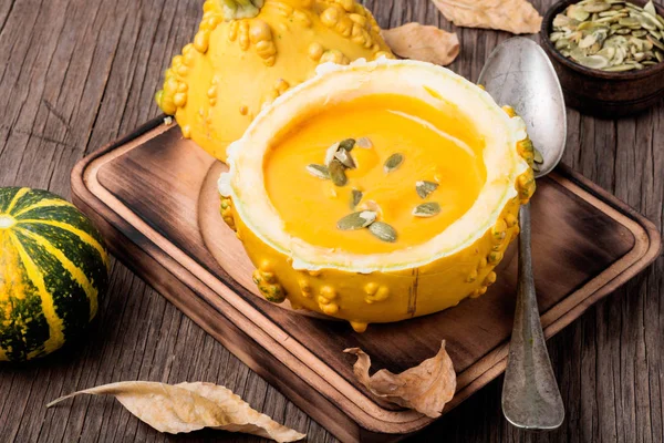 Vegetarian Pumpkin Cream Soup Seeds Pumpkin Seasonal Autumn Food Cream — Stock Photo, Image