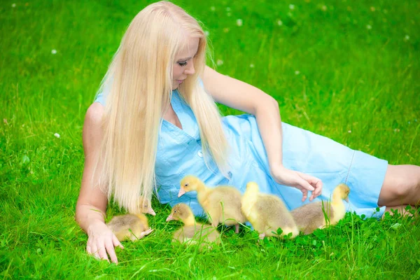 Senhora Beleza Brincando Com Bonitos Patinhos — Fotografia de Stock