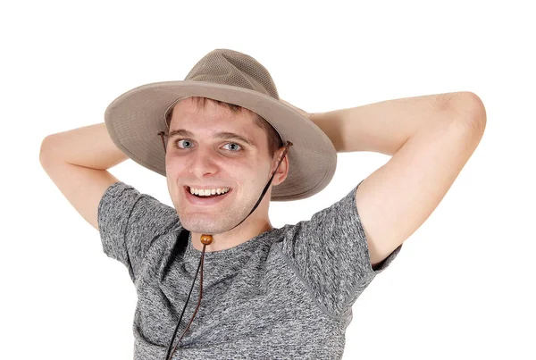 Jovem Homem Muito Feliz Asa Mãos Atrás Sua Cabeça Vestindo — Fotografia de Stock