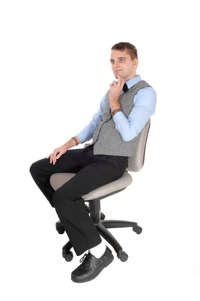 Young Handsome Man Dress Pants Gray Vest Blue Shirt Sitting — Stock Photo, Image