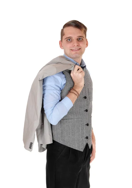 Een Knappe Jongeman Een Grijs Vest Donkere Broek Met Zijn — Stockfoto