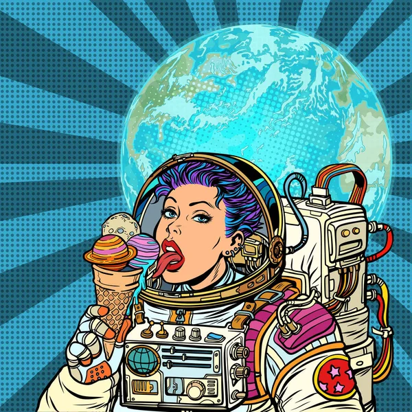 Woman Astronaut Eats Planets Solar System Ice Cream Humanity Cosmic — Stock Photo, Image
