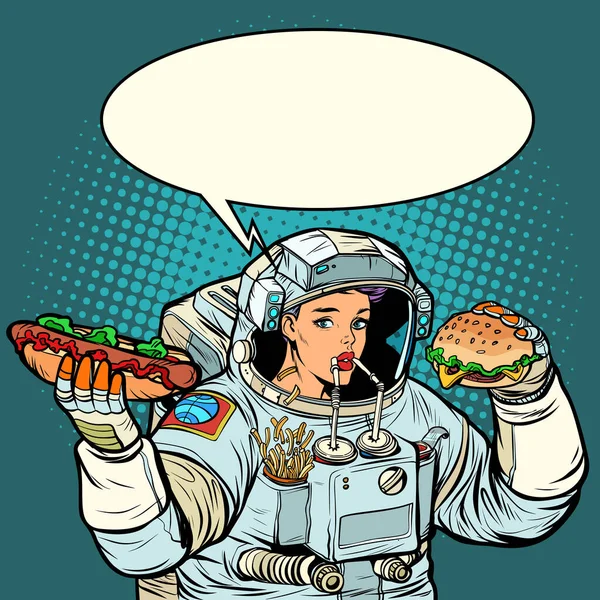 Woman Astronaut Eats Cola Hot Dog Burger Fast Food Pop — Stock Photo, Image