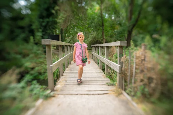 Bonito Menina Caucasiana Cruzando Pequena Ponte Madeira Parque Público Verão — Fotografia de Stock