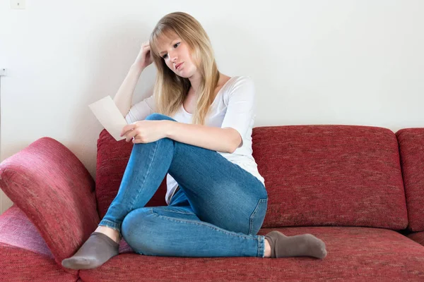 Very Sad Girl Sitting Sofa Looking Photo — Stock Photo, Image