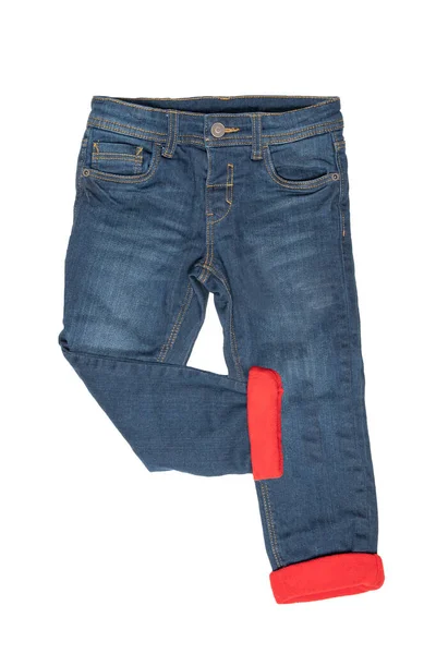 Modieuze Gevoerd Thermojeans Trendy Warme Stuk Blauwe Jeans Broek Geïsoleerd — Stockfoto