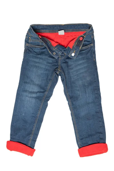 Modieuze Gevoerd Thermojeans Trendy Warme Stuk Blauwe Jeans Broek Geïsoleerd — Stockfoto