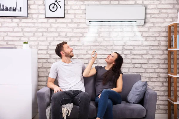 Happy Young Couple Sitting On Sofa Operating Air Conditioner At Home
