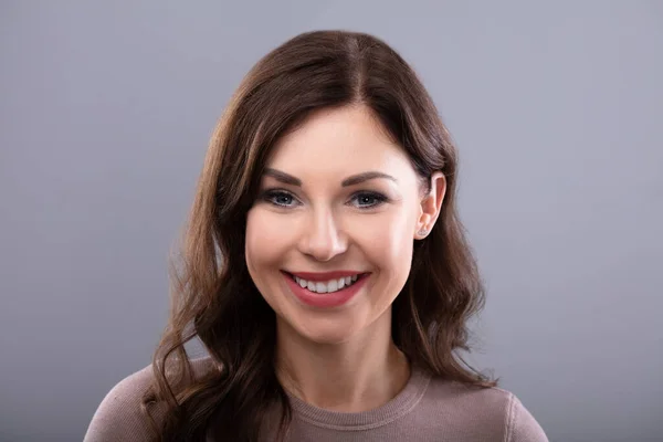 Portrait Sad Happy Woman Grey Background — Stock Photo, Image