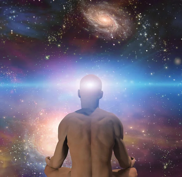 Человек Медитирует Позе Лотоса Перед Бесконечными Пространствами — стоковое фото
