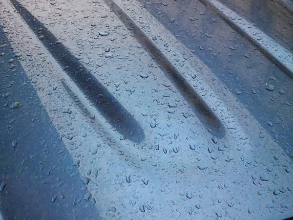 Rain Water Droplets Blue Metal Car Hood Texture Useful Background — Stock Photo, Image