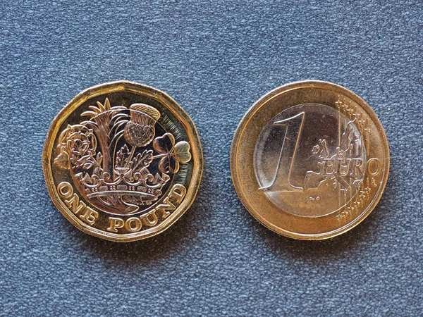 Jedno Euro Jedna Libra Mince Měny Evropy Velká Británie — Stock fotografie