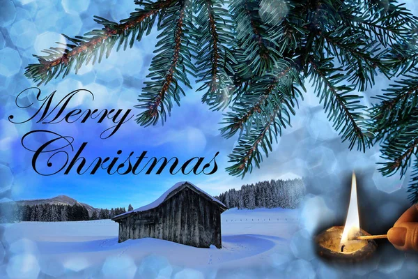 Eine Alte Holzhütte Schnee Mit Weihnachtlichen Schneeflocken Tannenzweigen Und Einer — Stockfoto