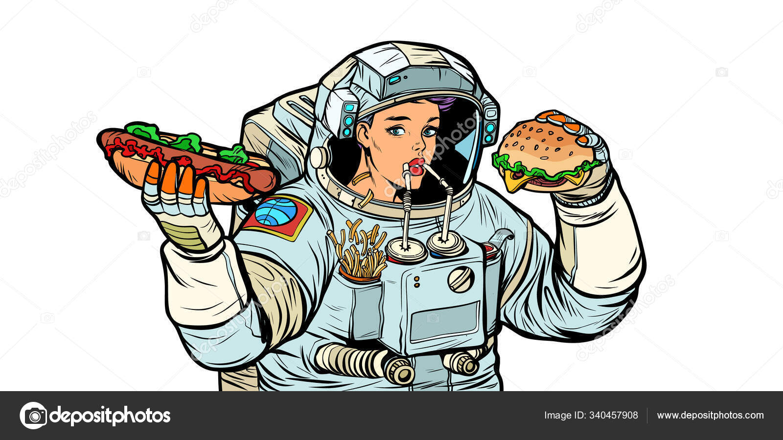女性宇宙飛行士を食べる コーラ ホットドッグとハンバーガー ファーストフードします 白い背景に分離します ポップアート レトロなベクトル イラスト キッチュなヴィンテージ ストック写真 C Panthermediaseller