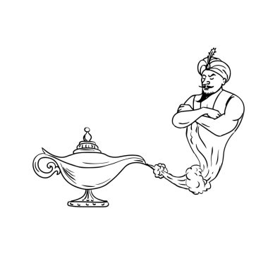Drawing sketch style illustration of an Arabian genie coming out of an old oil lamp on isolated white background done in black and white. clipart