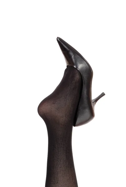 Closeup Image Woman Leg Black Pantyhose Lifted Black High Heel — Stock Photo, Image