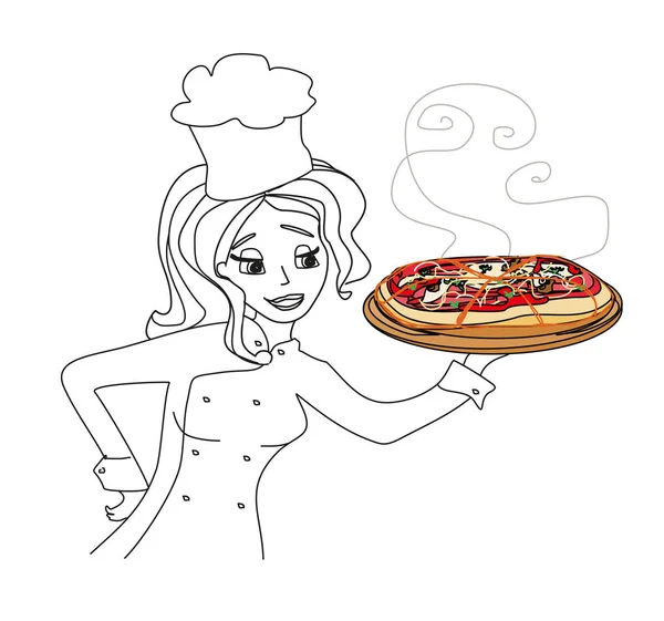 Lächelnde Kellnerin Serviert Pizza — Stockfoto