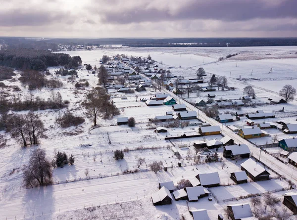 Winter Rural Landscape Aerial View Village Houses Meadow Forest Covered — Stock Photo, Image