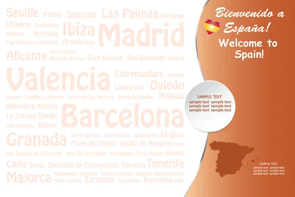 旅行西班牙概念与飞机 地图和西班牙国徽在右侧的向量 西班牙最著名目的地的透明名字在左边准备好了你的文字 — 图库照片