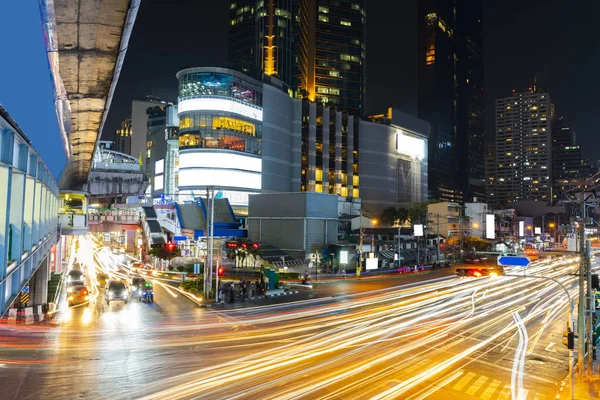 Hosszú Expozíció Autó Fény Éjszakai Jelenet Bangkok Thaiföld — Stock Fotó