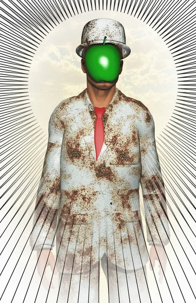 Surrealistyczna Sztuka Cyfrowa Mężczyzna Białym Skorodowanym Garniturze Zielonym Jabłkiem Zamiast — Zdjęcie stockowe