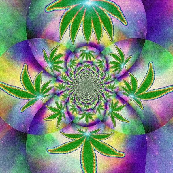 Abstract Schilderen Gespiegeld Rond Fractal Met Marihuana Blad — Stockfoto