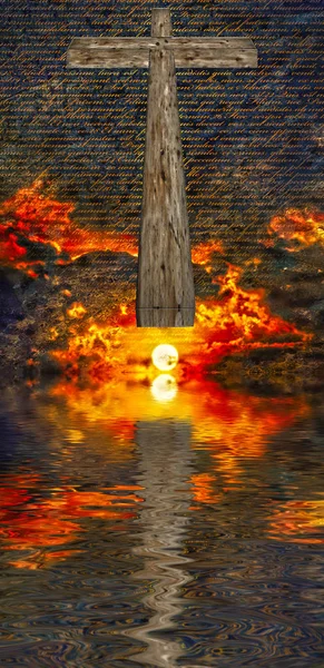Surreal Digital Art Christian Wooden Cross Water Surface Vivid Subset — Stockfoto