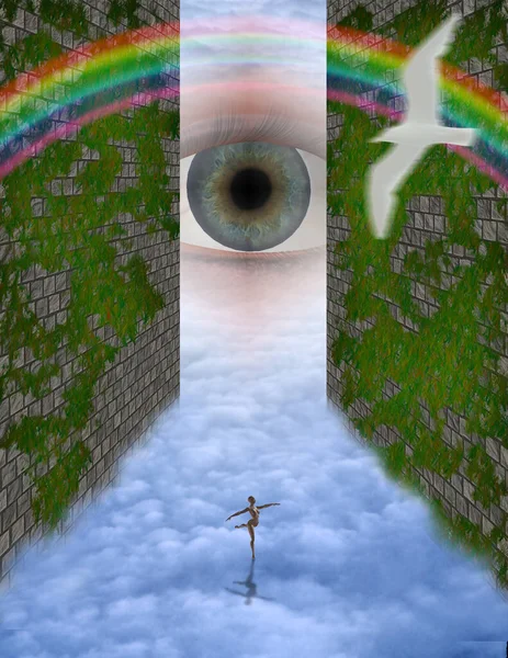 バレリーナは空で踊る 巨大な目 虹と鳥のシルエット — ストック写真