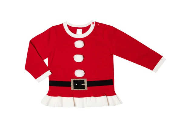 圣诞礼服 红色编织的圣诞节衣服查出在白色背景 圣诞老人设计中的女婴毛衣或套头衫特写镜头 — 图库照片