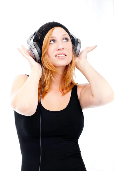 Jovem Mulher Atraente Ouvir Música Fones Ouvido — Fotografia de Stock