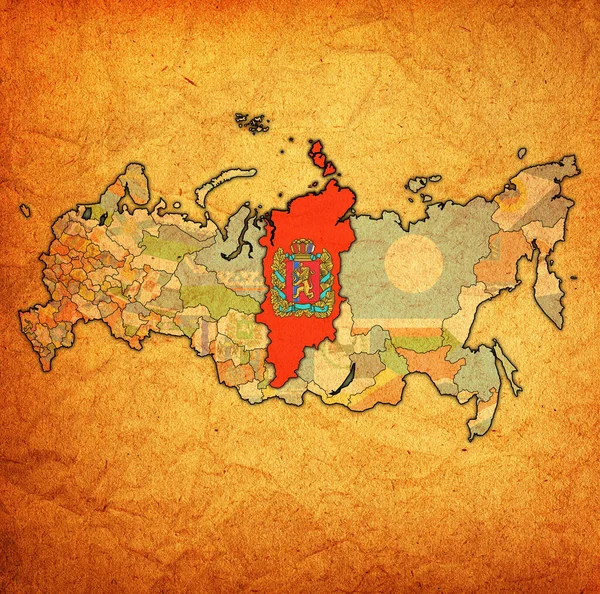Emblem Krasnojarsk Kraj Karta Med Administrativa Indelning Och Gränsar Ryssland — Stockfoto