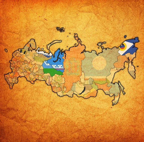 Emblémák Autonóm Körzetek Közigazgatási Körzet Oroszország Határain Térképen — Stock Fotó