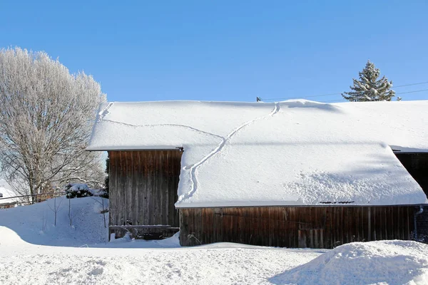 Una Granja Madera Invierno Con Huellas Animales Techo Cubierto Nieve —  Fotos de Stock