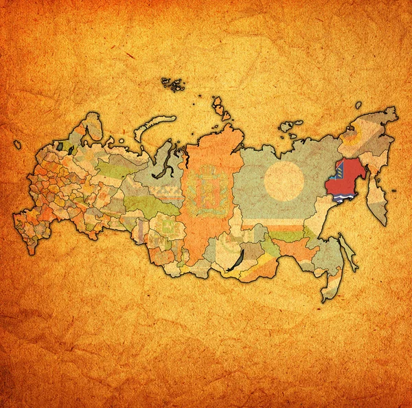Emblem Des Magadan Gebiets Auf Der Karte Mit Den Verwaltungseinheiten — Stockfoto
