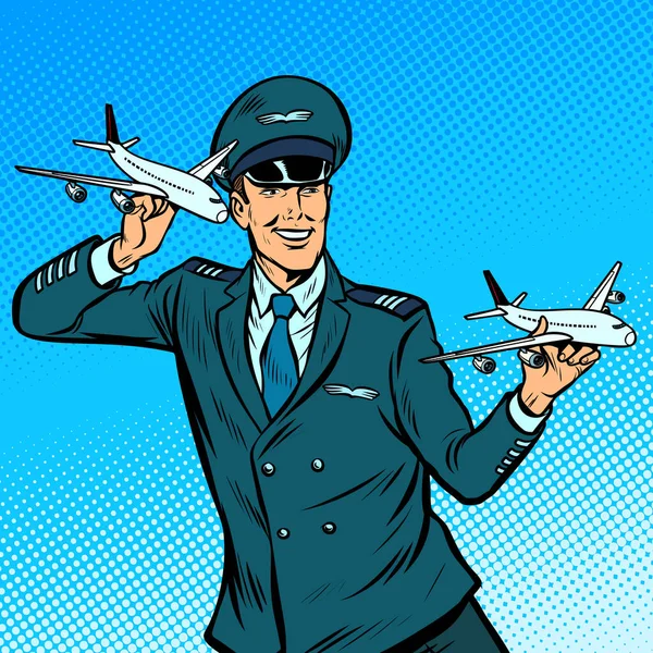 Männlicher Flugzeugpilot Modellflugzeuge Der Hand Pop Art Retro Vektor Illustration — Stockfoto