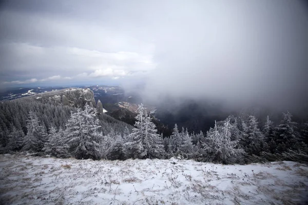 Fundo Natal Ano Novo Com Árvores Inverno Montanhas Cobertas Neve — Fotografia de Stock