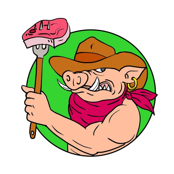 Ritning Skiss Stil Illustration Cowboy Hog Wild Pig Eller Vildsvin — Stockfoto