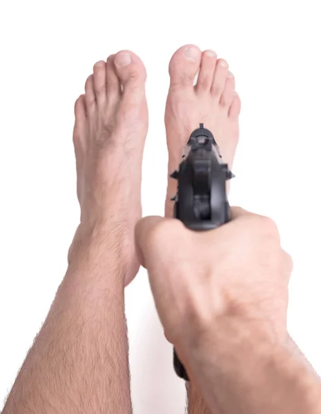 Concept Man Shooting Himself Foot — Stock Photo, Image