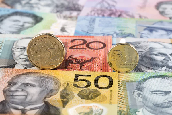 Moedas Dólares Australianos Fundo Das Notas — Fotografia de Stock