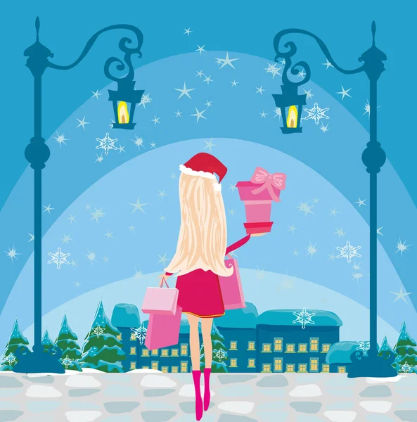 Mooi Meisje Winter Winkelen Kaart — Stockfoto