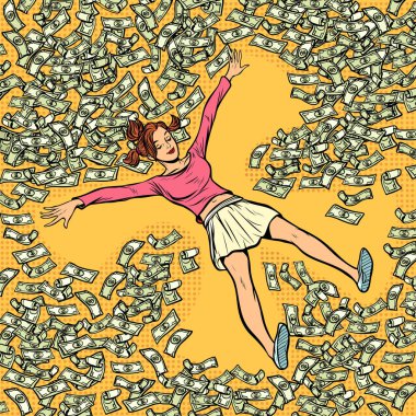 young girl makes snow angel money dollars a lot. Comic cartoon pop art retro vector illustration drawing clipart